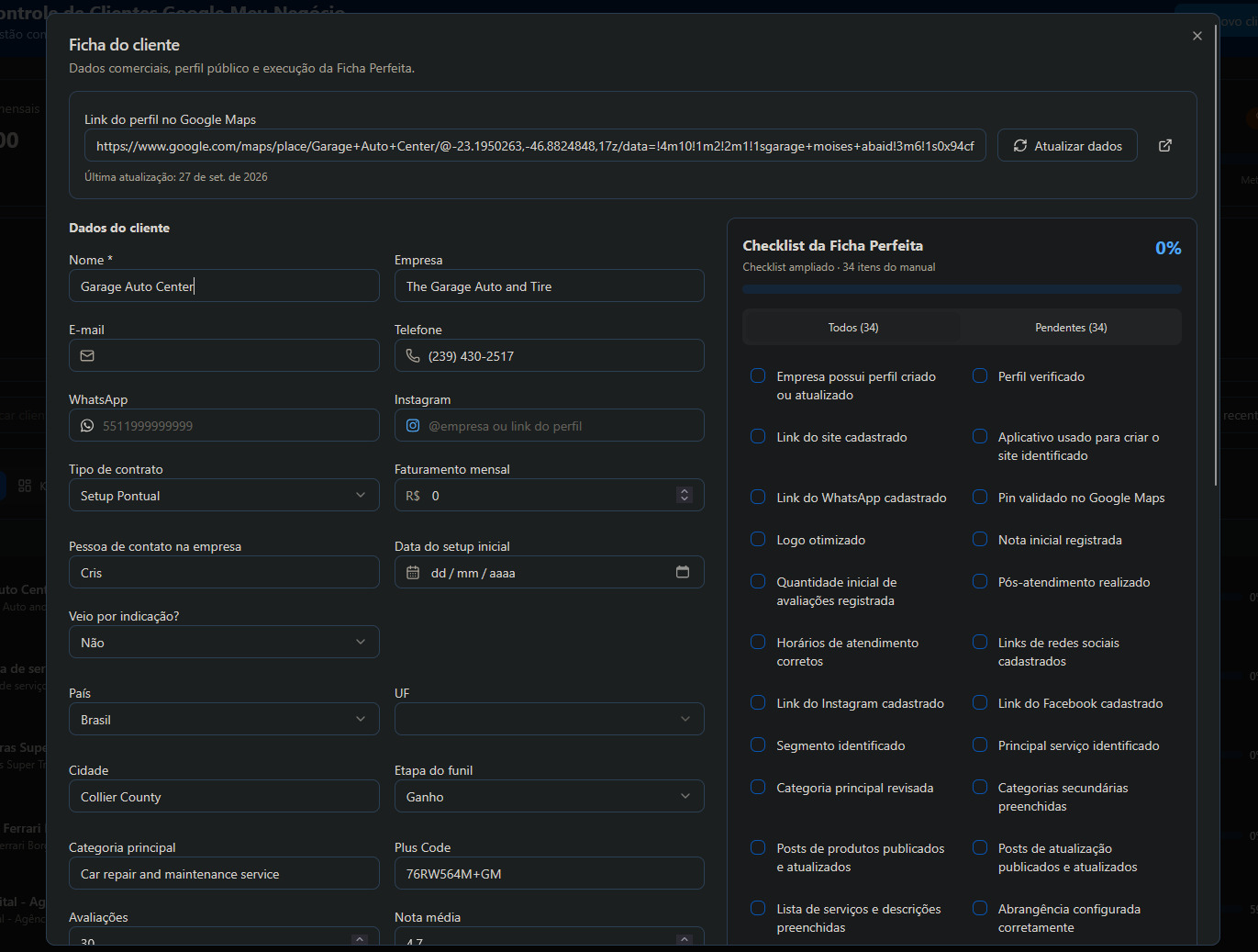 Ficha do cliente com dados comerciais e checklist de otimização do perfil
